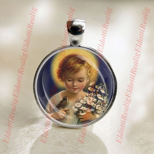 Child Jesus with Bird and Flowers Catholic Medal Pendant / Charm 25mm Bezel