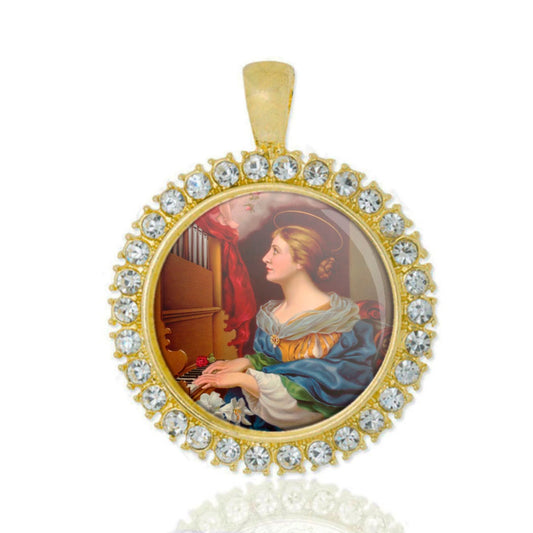 St. Cecilia Catholic Medal Religious Pendant with Rhinestones Gold Tone