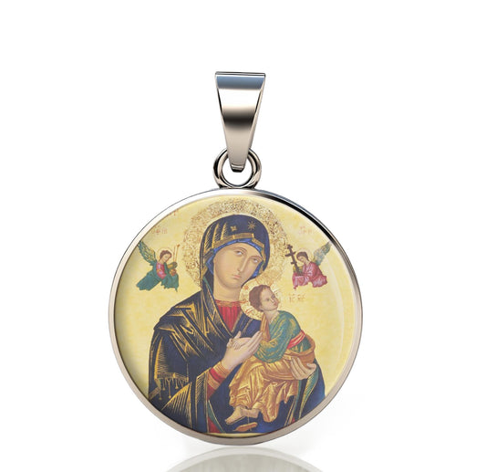 Our Lady Perpetual Help 925 Sterling Silver Round VIIPendant Christian Religious Medal Small 20mm