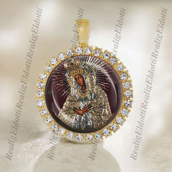 Black Madonna Our Lady of the Gate of Dawn Vilnius Religious Christian Icon Gold Tone Medal Pendant Jewelry