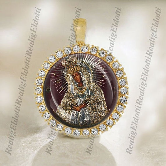 Black Madonna Our Lady of the Gate of Dawn Vilnius Religious Christian Icon Gold Tone Medal Pendant Jewelry