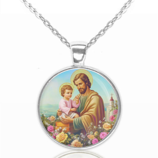 St Joseph w Baby Jesus Necklace Medal Religious Pendant