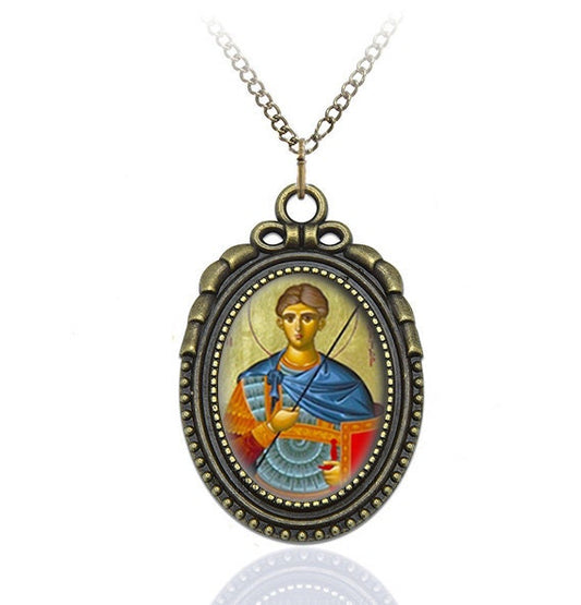 St Demetrius Necklace Orthodox Pendant Jewelry Medal Oval Style Charm Bronze w Chain