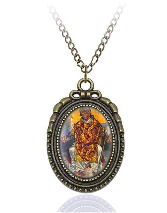 St Stanislaus of Szczepanow Necklace Bronze  Stanislaus of Krakow Poland Medal w Chain Oval Pendant
