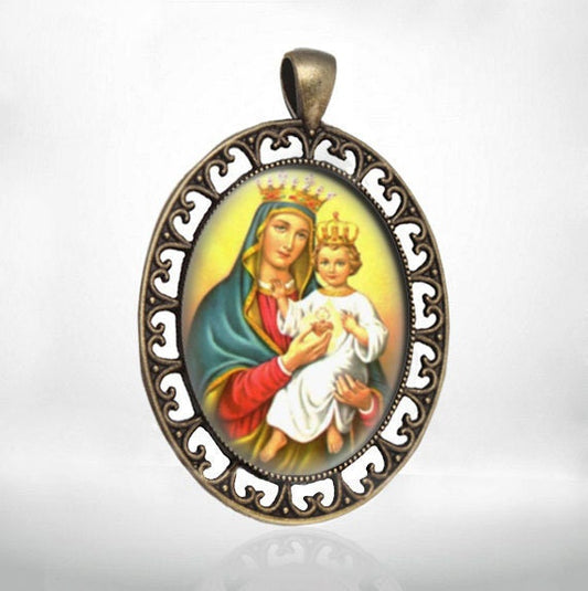 Our Lady of the Blessed Heart Pendant Immaculate Mary and Baby Jesus Bronze Medal Large