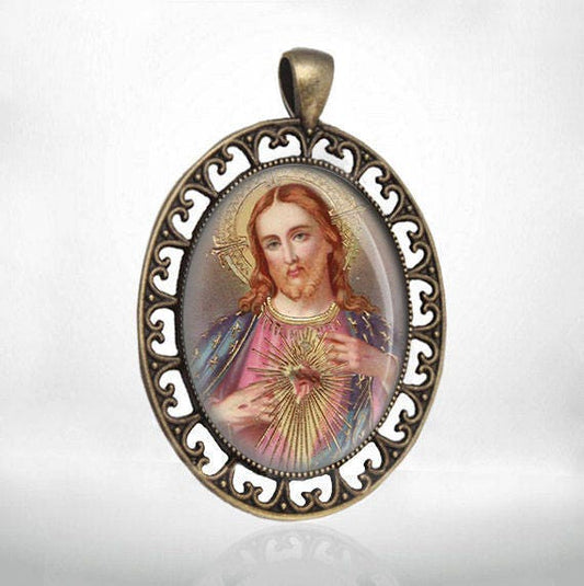 Jesus Christ Sacred Heart Medal Catholic Bronze Tone Jewelry