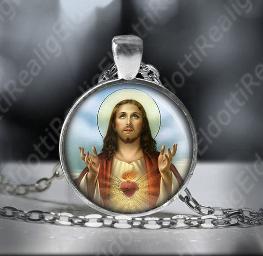 Jesus Sacred Heart Catholic Necklace. Christian Pendant Medal.