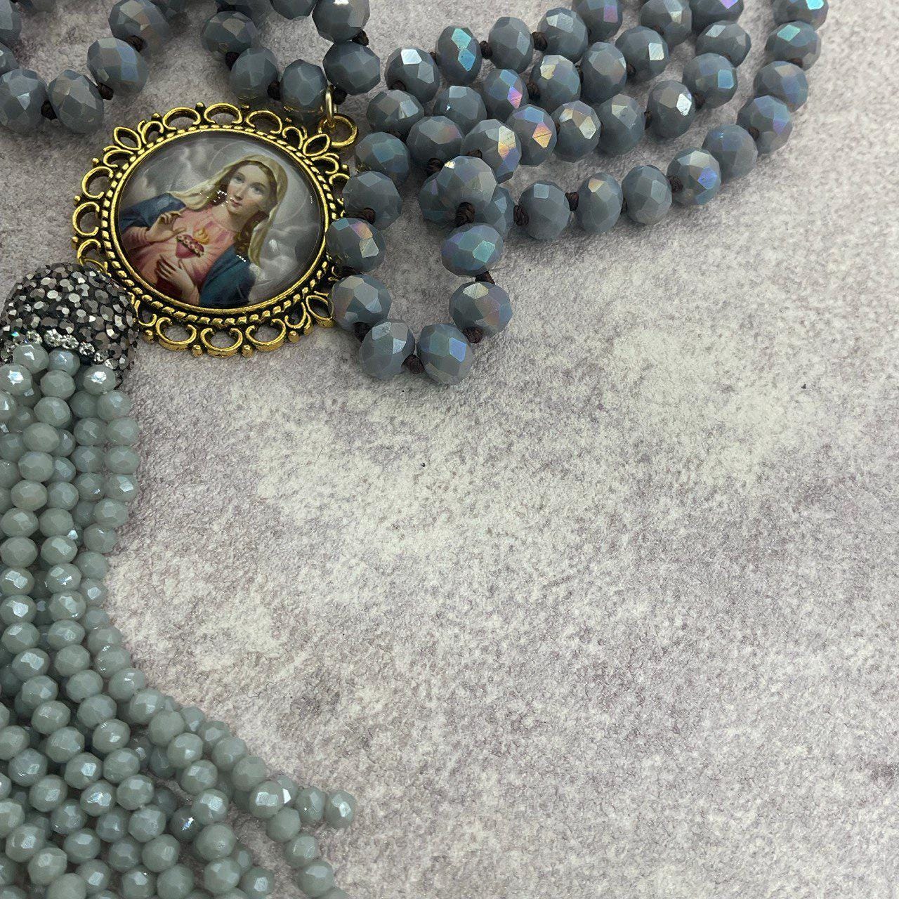 Our Lady Immaculate Heart - Purple Gray Czech Glass Beads - Long Necklace Sautoir - Virgin Mary Pendant and Tassel