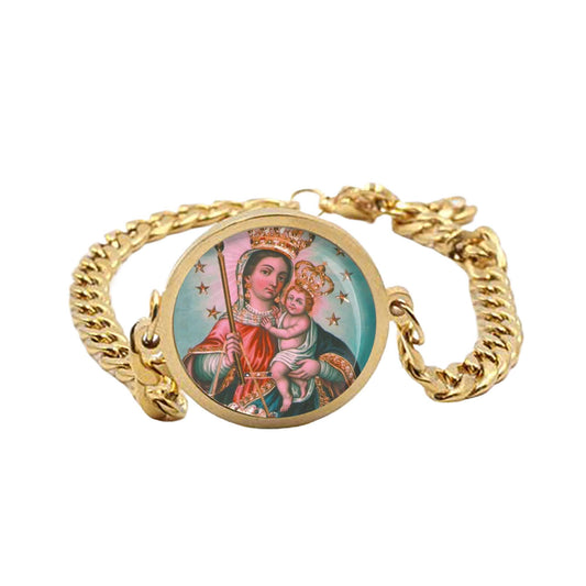 Our Lady Candelaria Mary Curb Bracelet Gold or Silver tone Religious Jewelry Simple Chain