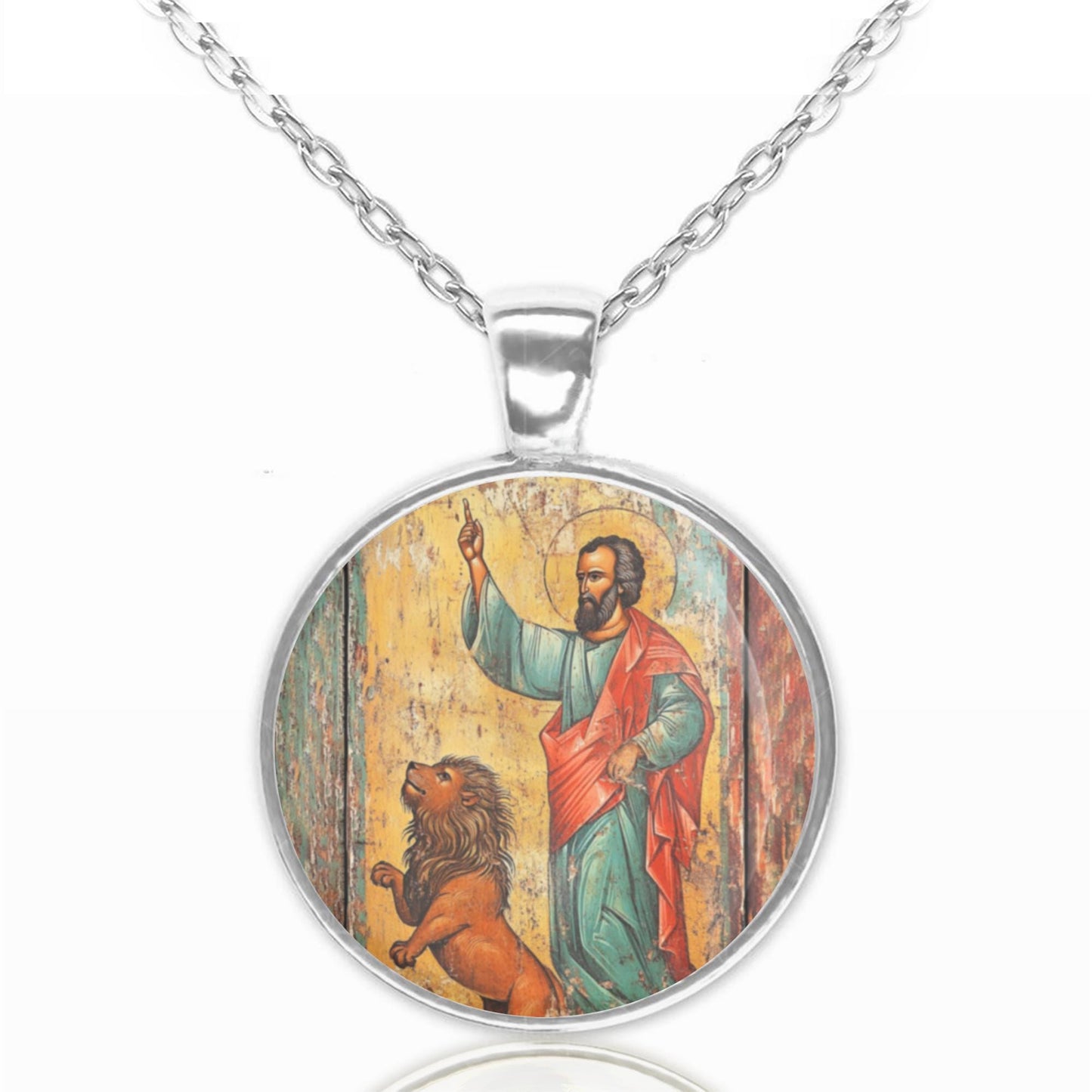 St Mark w Lion Medal Necklace Round Pendant