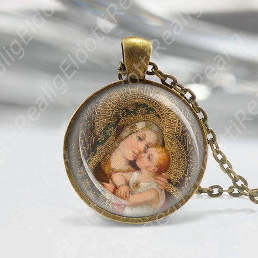 Mother Mary w Baby Jesus Catholic Necklace Medal Madonna Icon Religious Pendant Mother Love Blessed