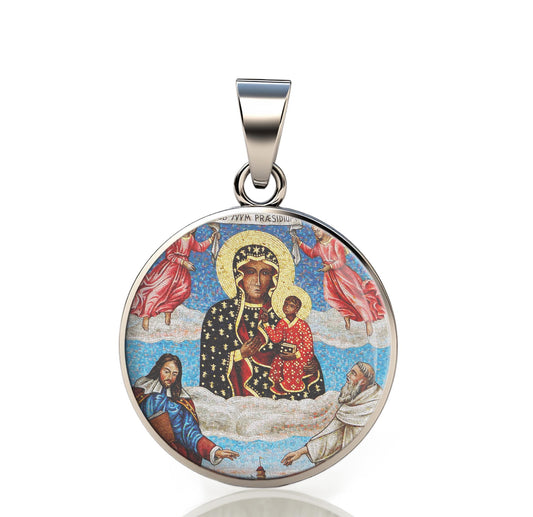 Our Lady Czestochowa Jasna Gora 925 Sterling Silver Round Pendant Christian Religious Medal Small 20mm