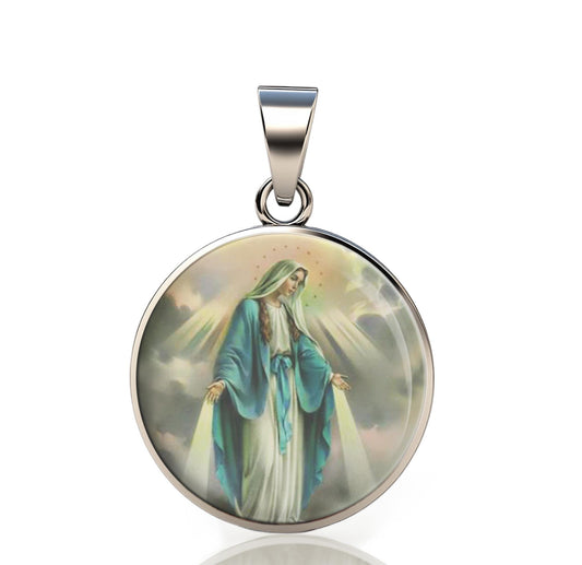 Our Lady Miraculous 925 Sterling Silver Round  IPendant Christian Religious Medal Small 20mm
