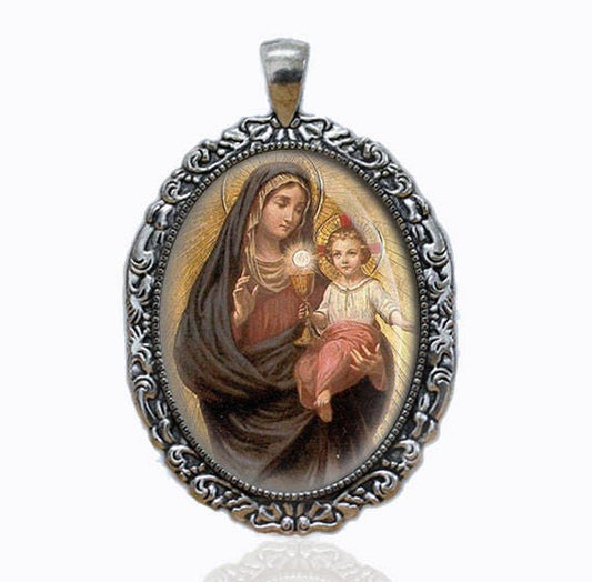 Eucharist and Holy Mother Mary - Catholic Medal. Christian Religious  Pendant Large, NEW