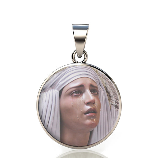 Our Lady Tears Sorrowful Mother Mary 925 Sterling Silver Round Pendant Christian Religious Medal Small 20mm