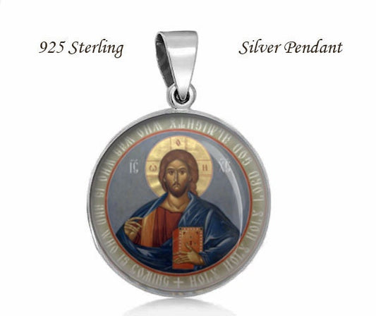 Greek Orthodox Icon of Jesus Christ Pantocrator 925 Sterling Silver Pendant 20mm