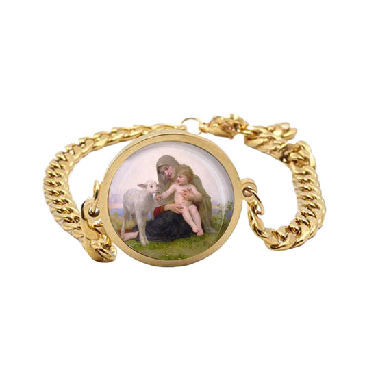 Our Lady Lamb Curb Bracelet Gold or Silver tone Religious Jewelry Simple Chain