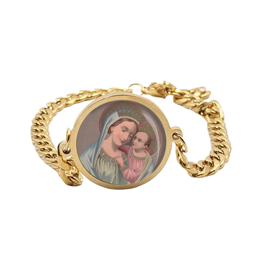 Our Lady Good Counsel Curb Bracelet Gold or Silver tone Religious Jewelry Simple Chain