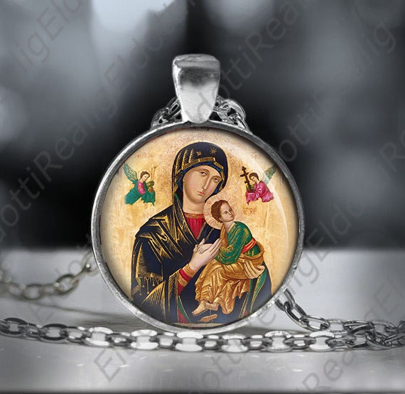Our Lady of Perpetual Help Catholic Necklace. Virgin Mother Mary and Jesus Medal Religious Pendant. Round Medallion 1 Inches.