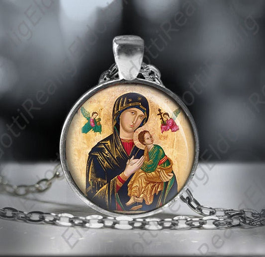 Our Lady of Perpetual Help Catholic Necklace. Virgin Mother Mary and Jesus Medal Religious Pendant. Round Medallion 1 Inches.