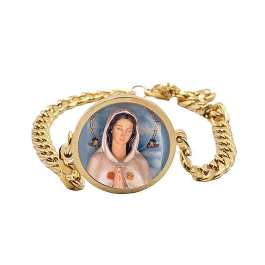 Our Lady Rosa Mystica Mary Curb Bracelet Gold or Silver tone Religious Jewelry Simple Chain