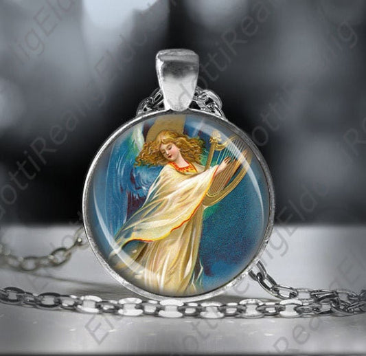 Angel Playing a Harp Guardian Necklace - Religious Jewelry Medal Pendant w Chain.