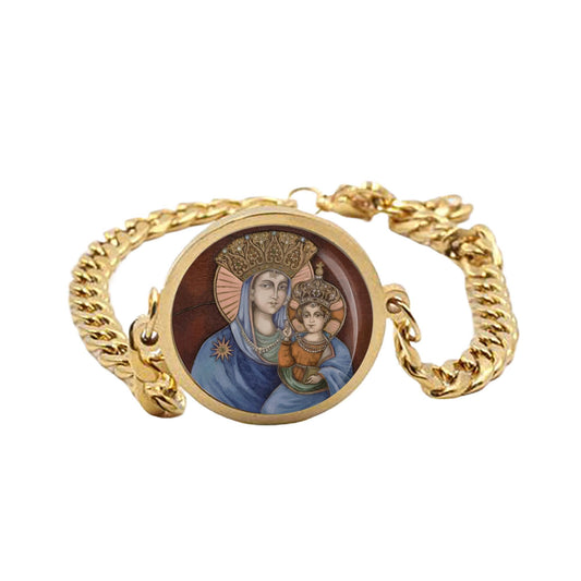 Our Lady Strada Curb Bracelet Gold or Silver tone Religious Jewelry Simple Chain