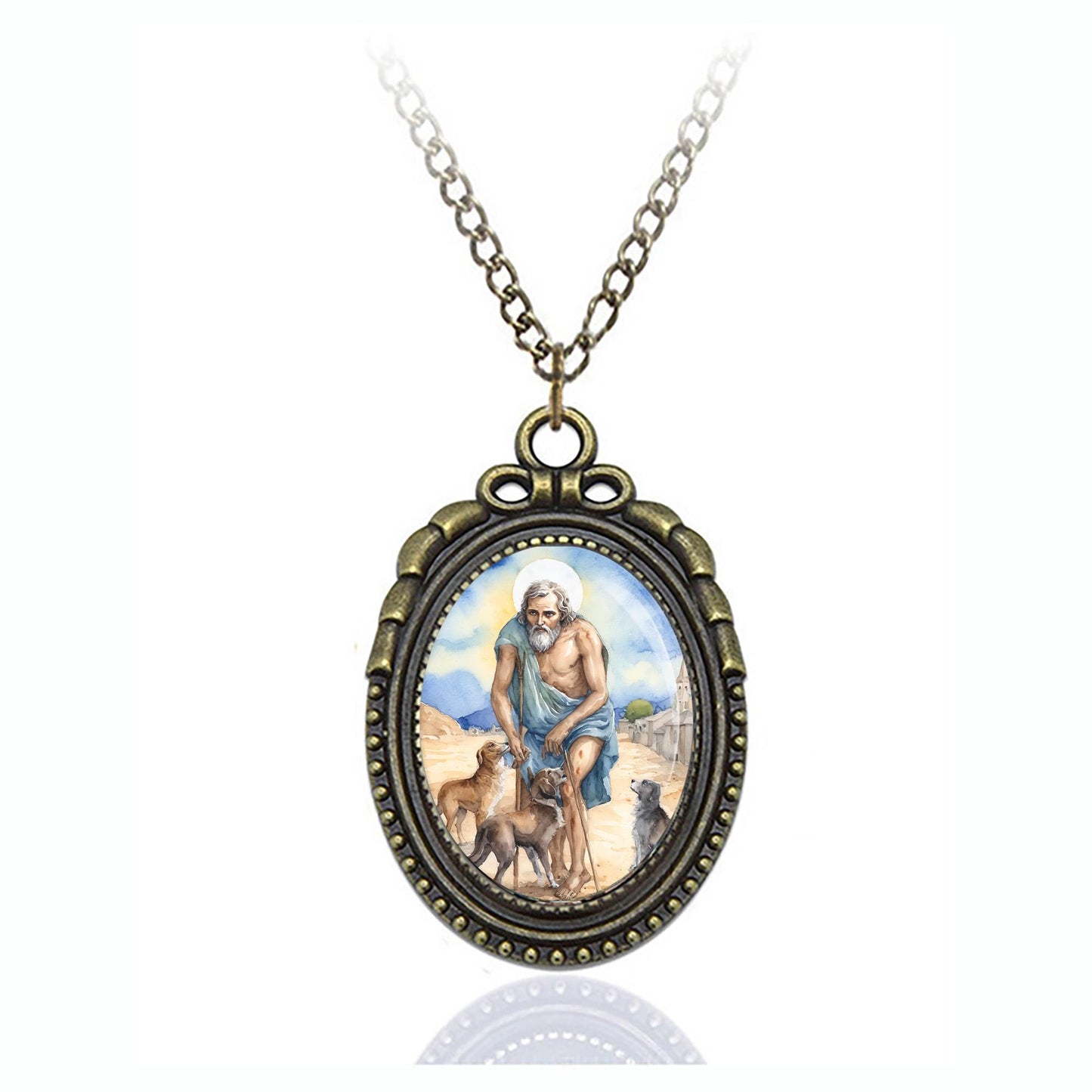 St. Lazarus of Bethany Catholic Saint Oval Bronze Necklace Medal Pendant