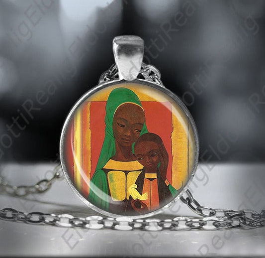 African Madonna Necklace Black Mother Mary and Baby Jesus w Dove Medal Silvertone Pendant w Chain