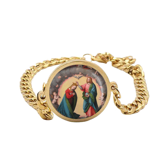 Our Lady Coronation Of The Virgin (Giovanni Battista) Curb Bracelet Gold or Silver tone Jewelry Stainless Steel