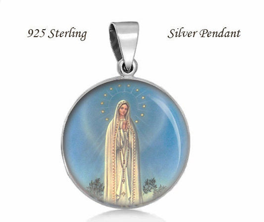 Our Lady of Fatima Religious Christian Medal. Sterling Silver 925 Virgin Mary Medal. Genuine Silver Christian Pendant 20mm