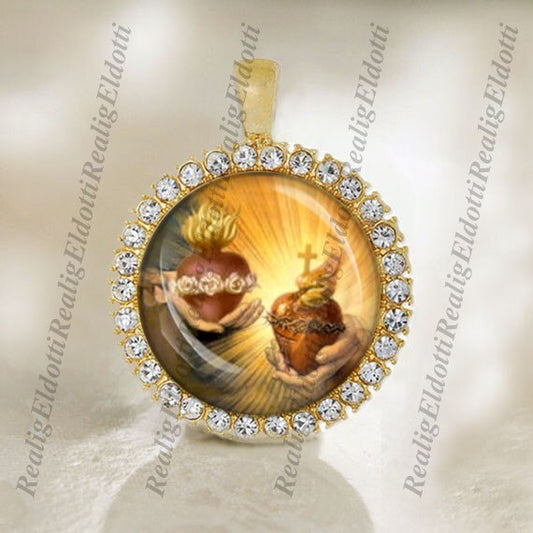 Mary and Jesus Immaculate and Sacred Hearts Christian Catholic Gold Tone Medal