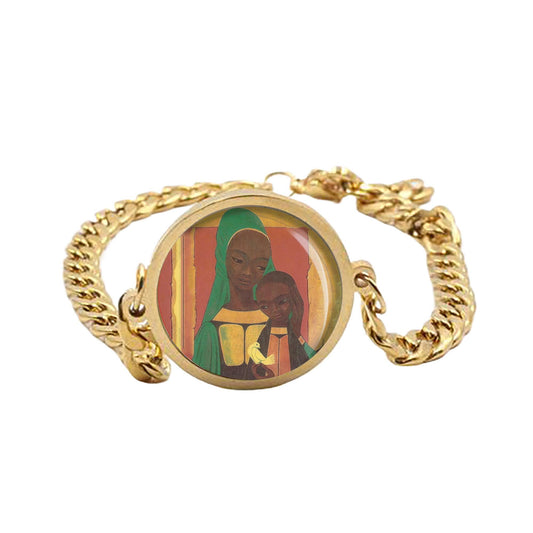 Our Lady African Madonna Mary Curb Bracelet Gold or Silver tone Religious Jewelry Simple Chain