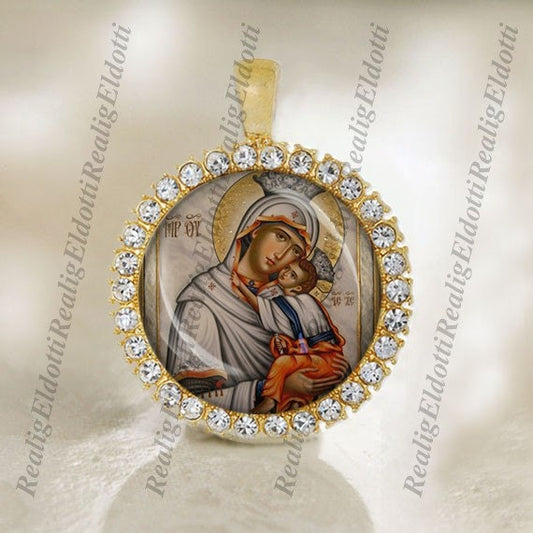 Most Holy Theotokos Sweet Kissing (also called Eleousa or All-Merciful) Christian Orthodox Gold Tone Medal Pendant Jewelry