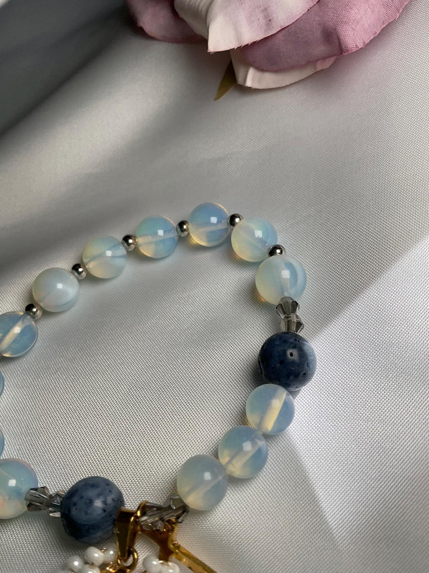 Rosary bracelet Decade Catholic Our Lady of Grace medal and Cross - Blue Coral and Opalite Beads