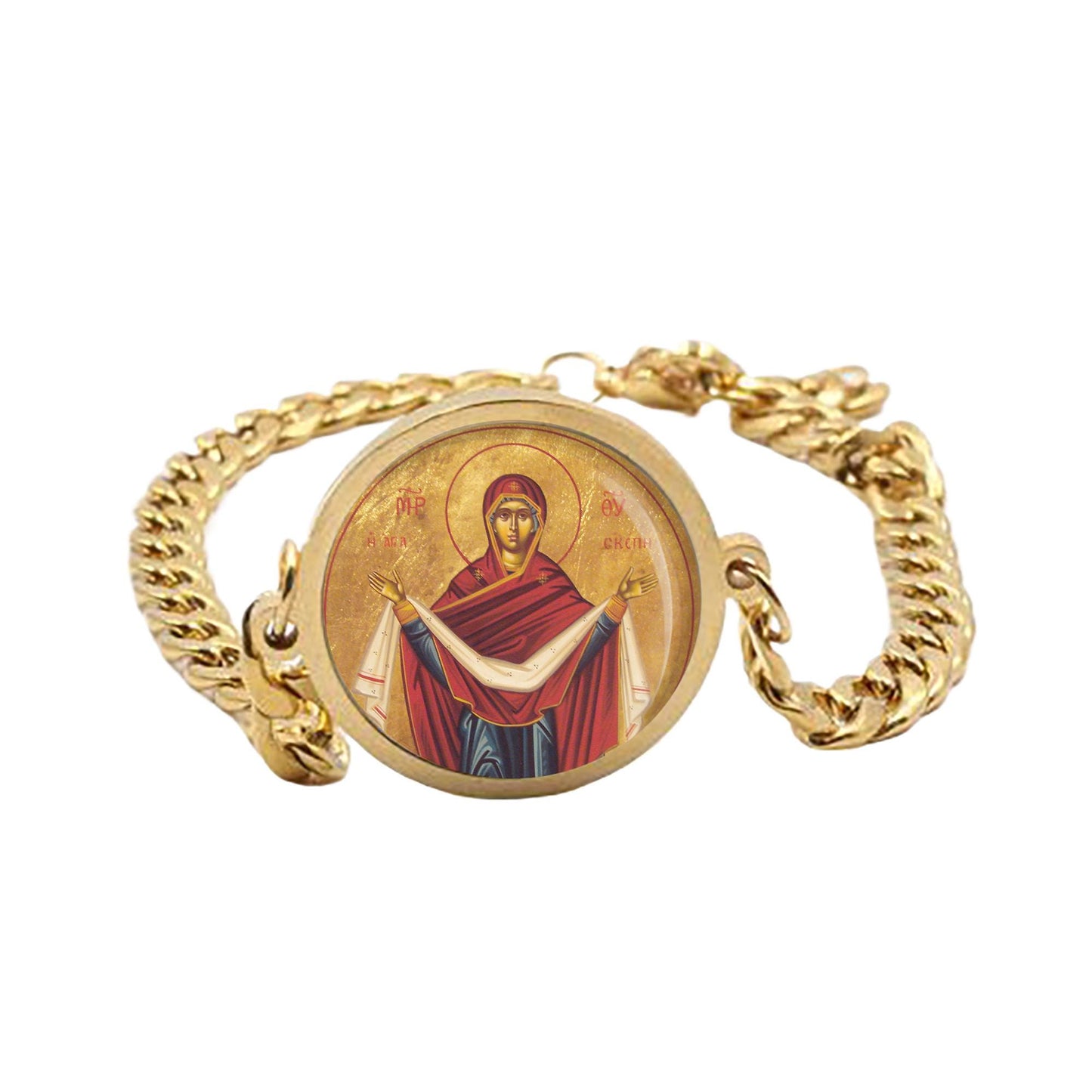 Our Lady Protection Pokrov Curb Bracelet Gold or Silver tone Religious Jewelry Simple Chain