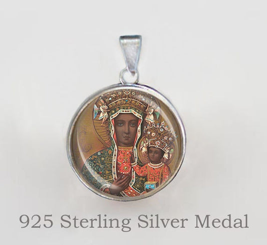 Black Madonna of Czestochowa Virgin Mary Religious Christian Medal Sterling Silver 925 Pendant