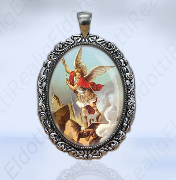 St. Michael the Archangel Catholic Christian Medal Pendant Protection Silvertone Oval FIligree Charm