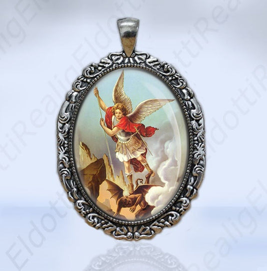 St. Michael the Archangel Catholic Christian Medal Pendant Protection Silvertone Oval FIligree Charm