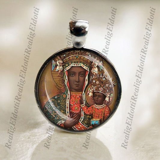 Black Madonna Our Lady of Czestochowa - Catholic Silvertone Medal Pendant Religious Jewelry