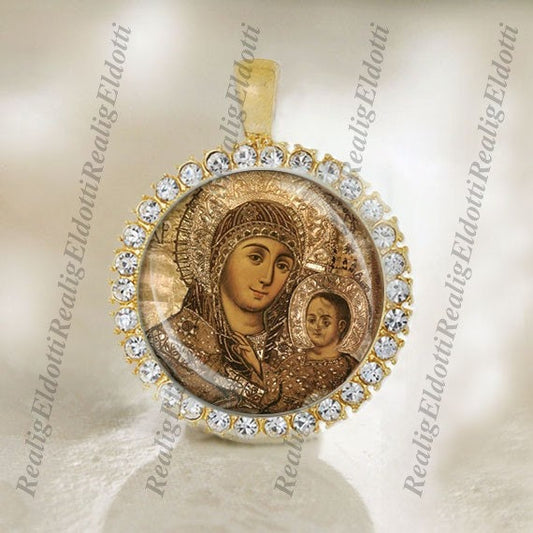 Blessed Mother Mary and Baby Christian Icon Eastern Orthodox Gold Medal Cabochon