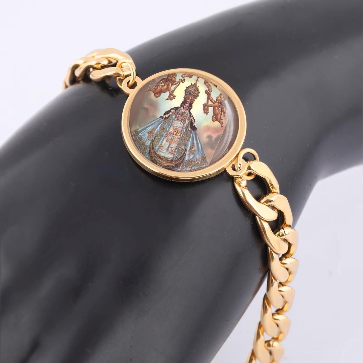 Our Lady San Juan Curb Bracelet Gold or Silver tone Religious Jewelry Simple Chain