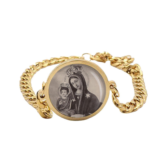 Our Lady Chestnut Tree Curb Bracelet Gold or Silver tone Religious Jewelry Simple Chain