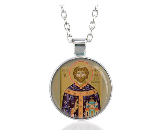 Saint Ansgar Anskar, St Anschar or Oscar Religious Necklace Medal Silver Tone Pendant Chain