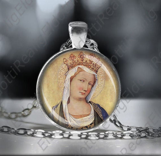 Virgin Mary w Crown Necklace. Religious Renaissance and Baroque Italian art Christain Medal Pendant 1 Inches w Chain Jewelry.