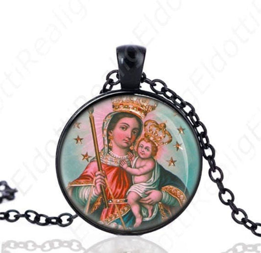 Our Lady of Candelaria Black Necklace Catholic Medal Mary Candles Pendant Chain