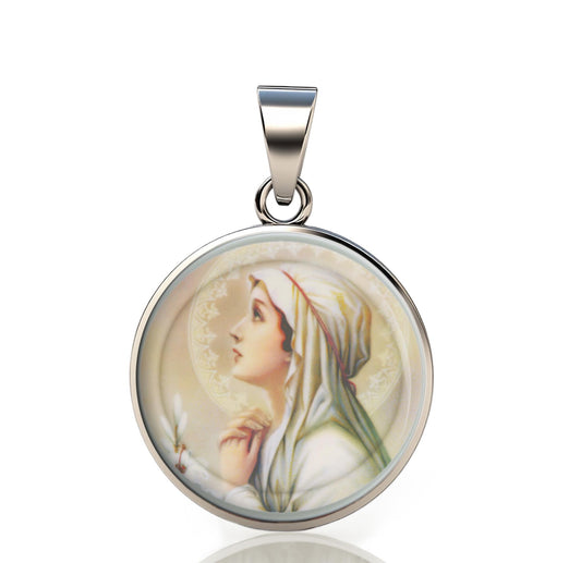 Our Lady Mental Peace Catholic Mary 925 Sterling Silver Round Pendant Christian Religious Medal Small 20mm