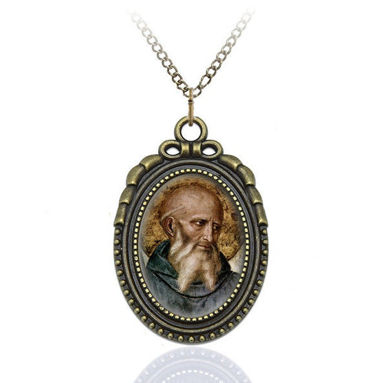 St Benedict Catholic Necklace Pendant Jewelry Medal Oval Style Charm Bronze
