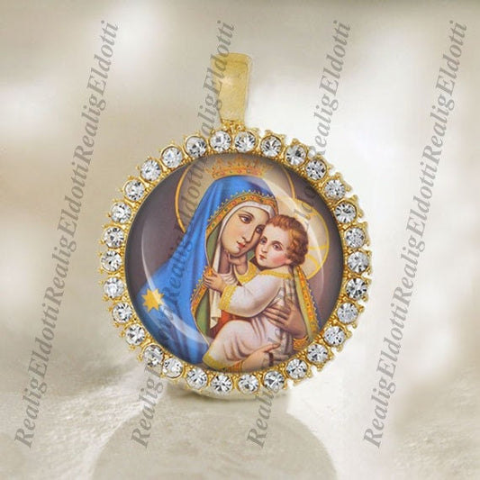 Our Lady of Mount Carmel Christian Catholic Gold Tone Medal Pendant Jewelry Cabochon