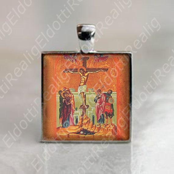 Jesus Christ on the Cross with Virgin Mary and St. John Catholic Medal. Religious Christian Pendant. Crucifixion Silver Tone Medal